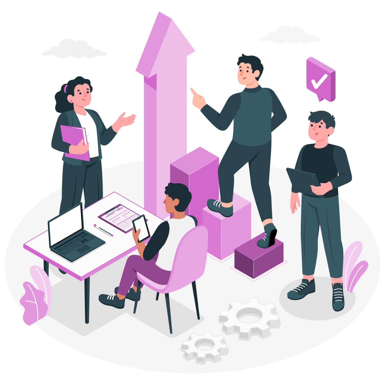 L'immagine in formato vettore raffigura un gruppo di persone in fase di programmazione per raggiungere un obiettivo