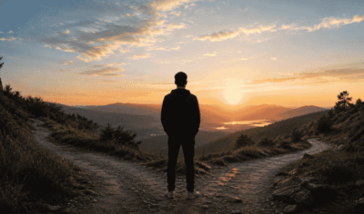 Persona davanti a due sentieri al tramonto, simbolo di scelta, cambiamento e direzione nella vita