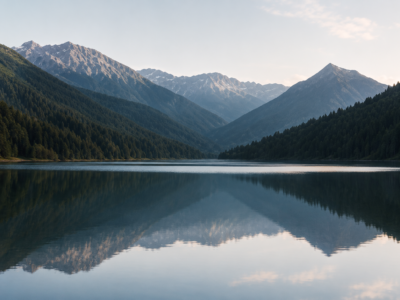 Lago di montagna con cime riflesse nell’acqua, simbolo di armonia, equilibrio e pace interiore
