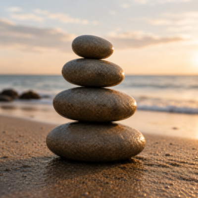 Pietre sovrapposte in equilibrio sulla spiaggia al tramonto, simbolo di armonia interiore