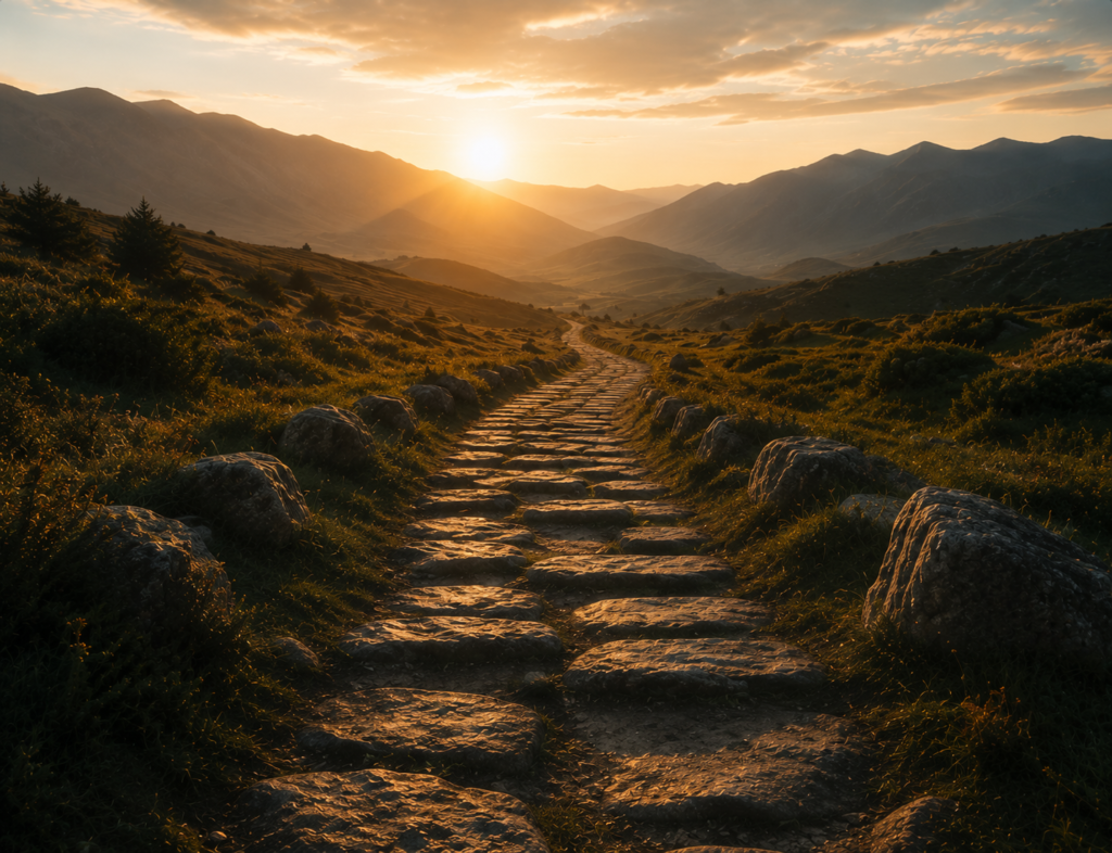 Sentiero di pietra tra le montagne illuminato dal tramonto, simbolo di crescita personale e cambiamento