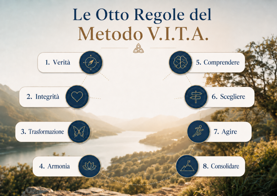 Le 8 regole del Metodo V.I.T.A.: Verit&agrave;, Integrit&agrave;, Trasformazione, Armonia, Comprendere, Scegliere, Agire e Consolidare