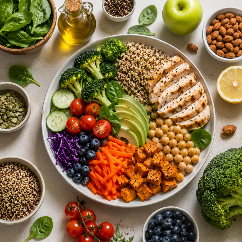 Piatto equilibrato con pollo, quinoa, ceci, avocado, verdure, frutta e frutta secca
