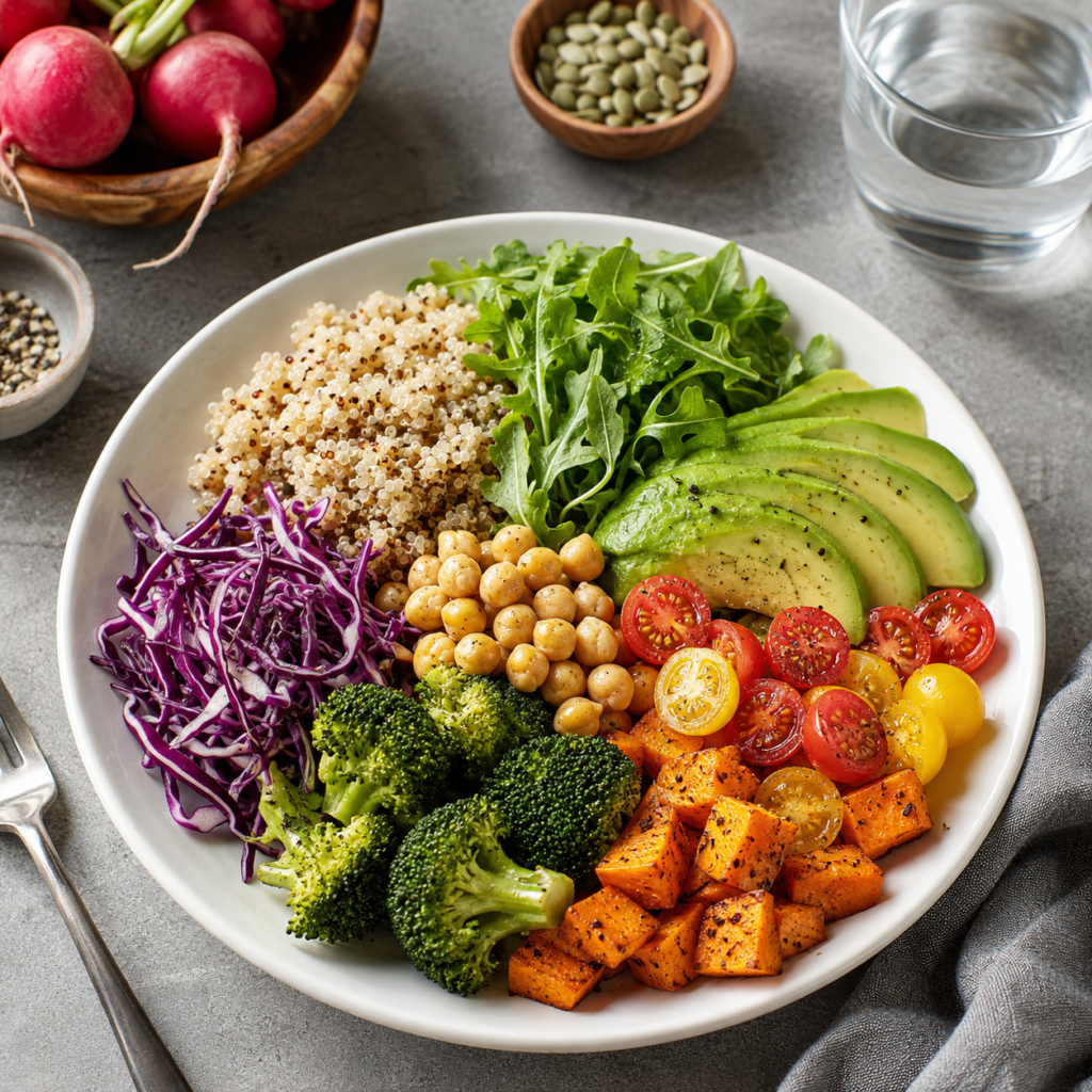 Piatto vegetale equilibrato con quinoa, ceci, avocado, broccoli, verdure e patate dolci