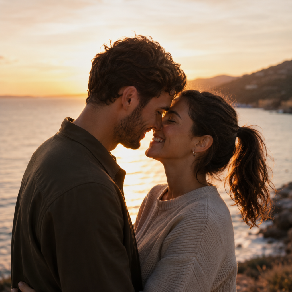 Coppia sorridente vicina al mare al tramonto, simbolo di amore, intimità e relazione autentica