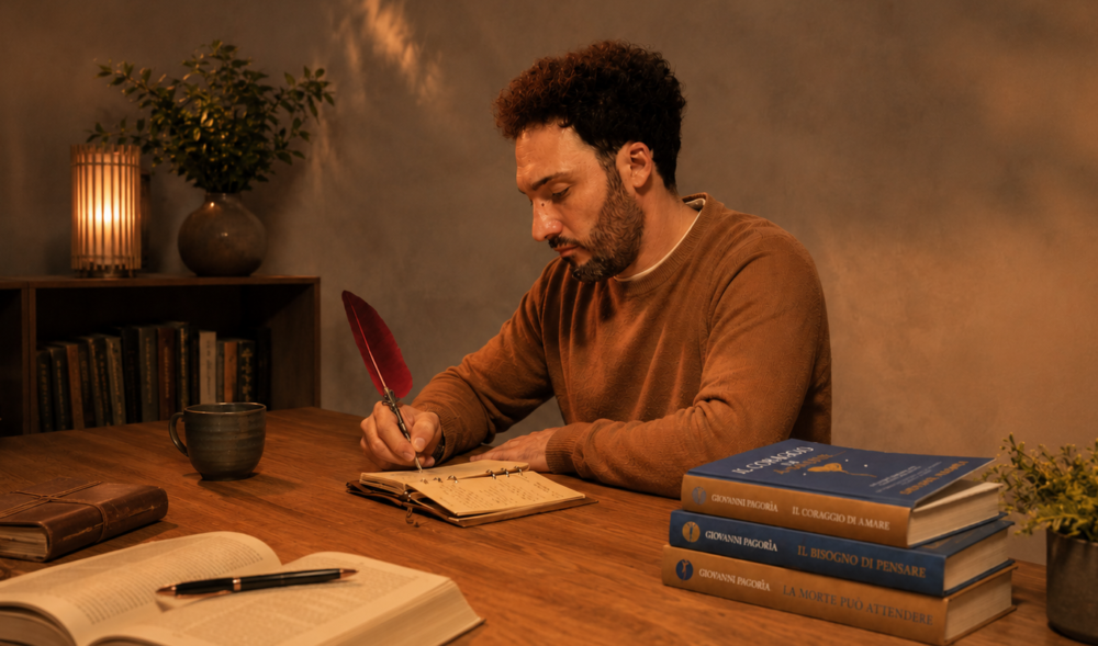 Autore al tavolo mentre scrive, circondato da libri e materiali di studio