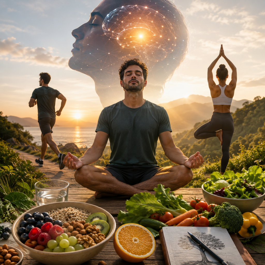 Persone che meditano, corrono e praticano yoga con alimenti sani, simbolo di benessere psicofisico