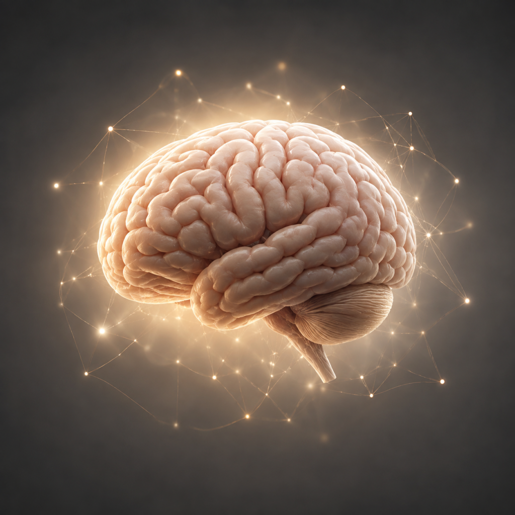 Rappresentazione realistica del cervello umano circondato da connessioni neurali luminose