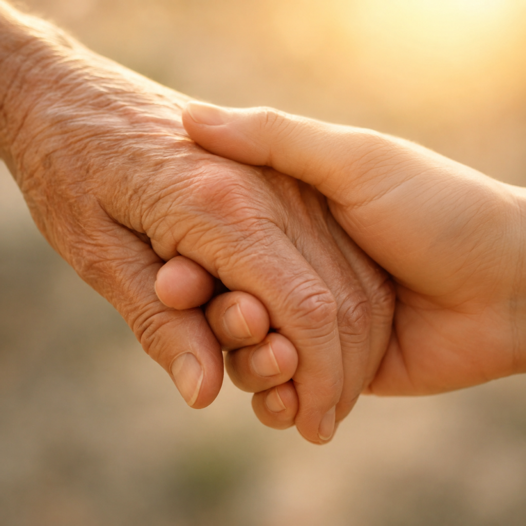 Mano giovane che stringe la mano di una persona anziana, simbolo di cura, amore, sostegno e vicinanza umana