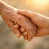 Mano giovane che stringe la mano di una persona anziana, simbolo di cura, amore, sostegno e vicinanza umana