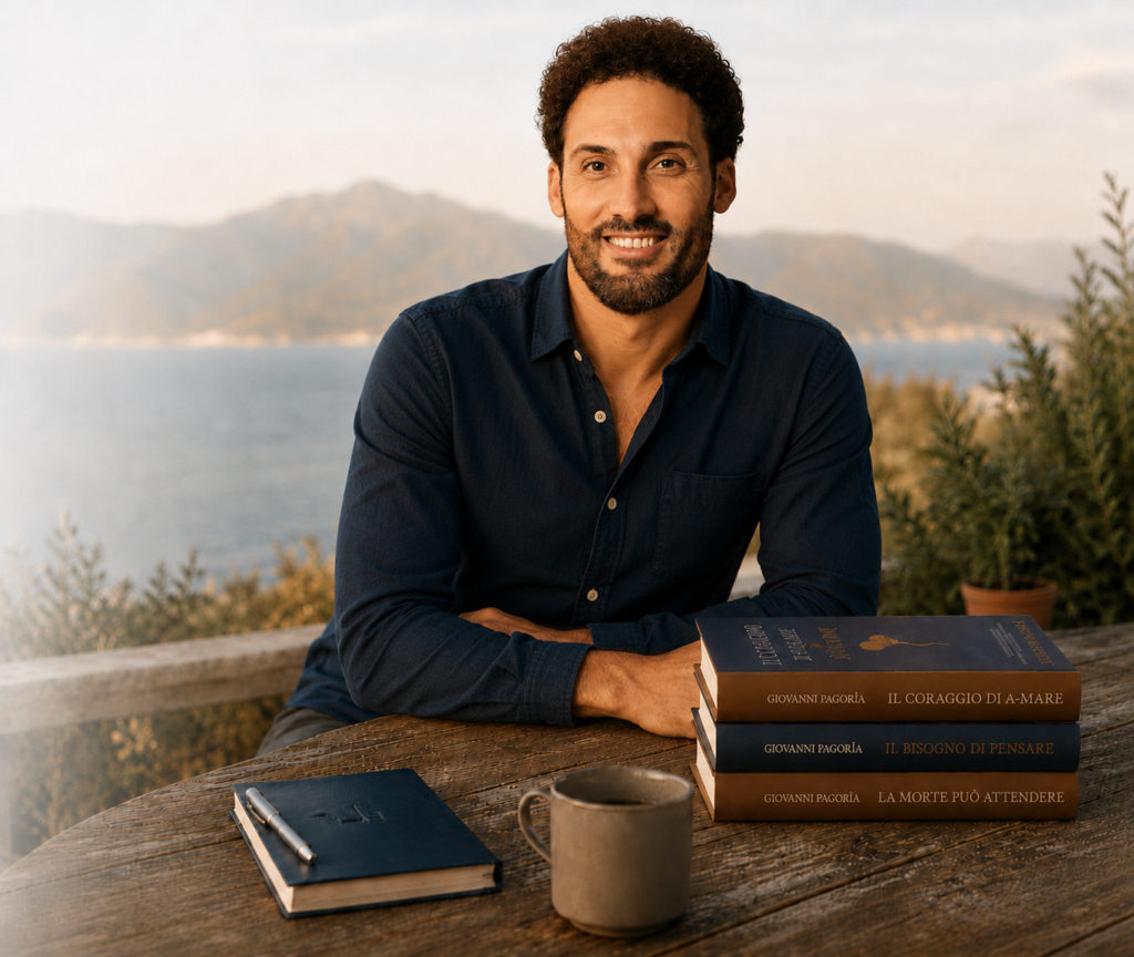 Giovanni Pagoria seduto a un tavolo con i suoi libri, in un ambiente naturale