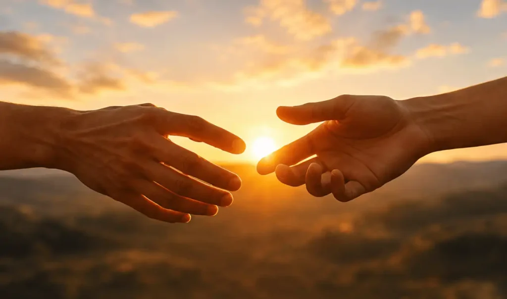 Due mani che si avvicinano al tramonto