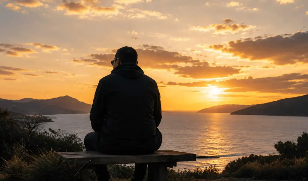 Uomo seduto su una panchina davanti al mare al tramonto