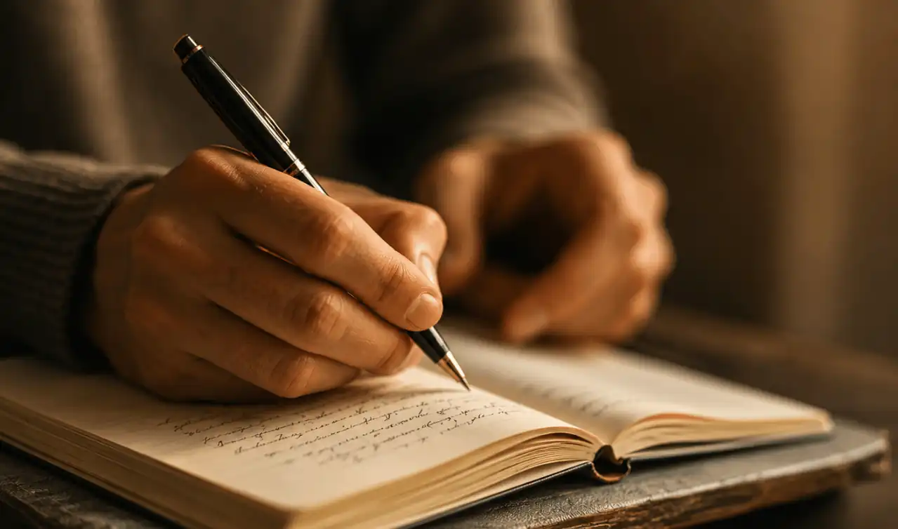Mano che scrive su un taccuino aperto