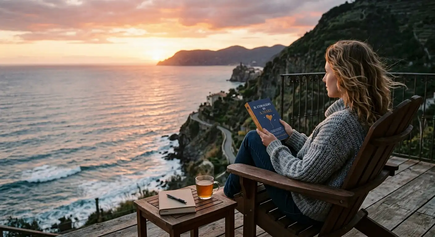 Donna all'aperto che legge Il coraggio di A-mare davanti al mare al tramonto