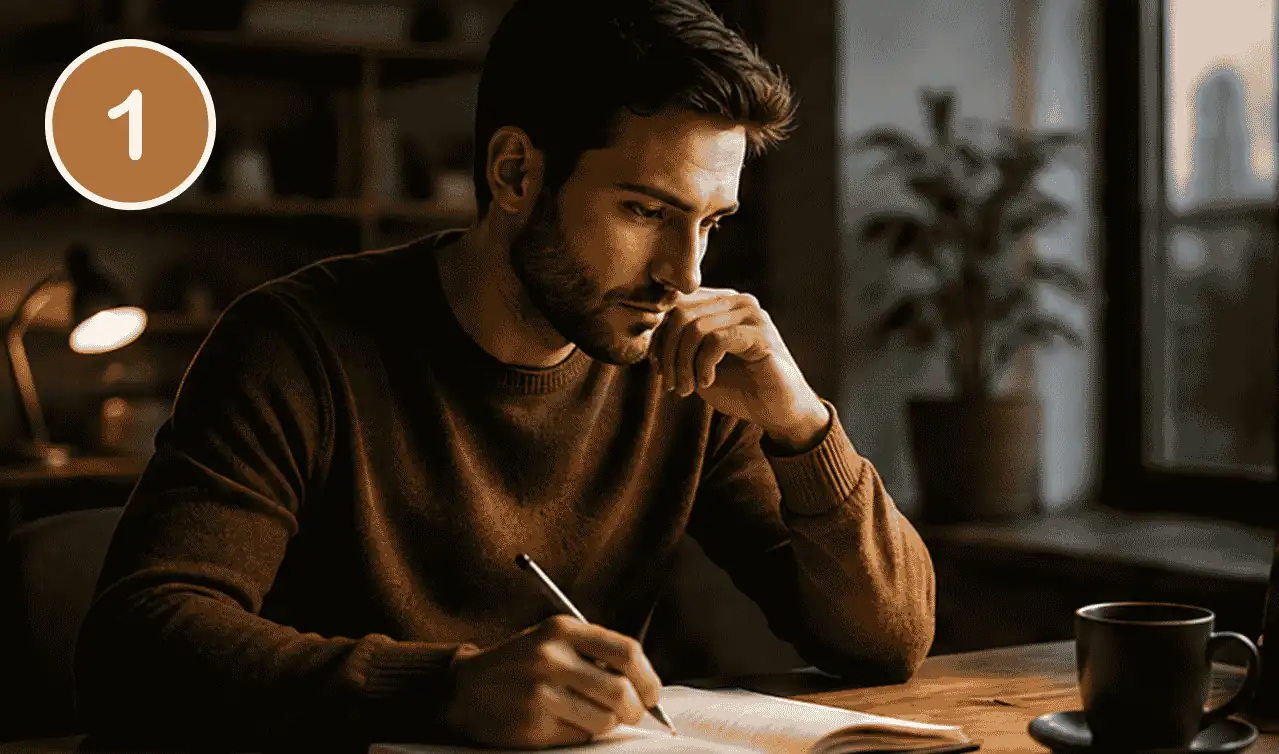 Uomo che scrive alla scrivania nella prima fase di consapevolezza del metodo V.I.T.A. Academy