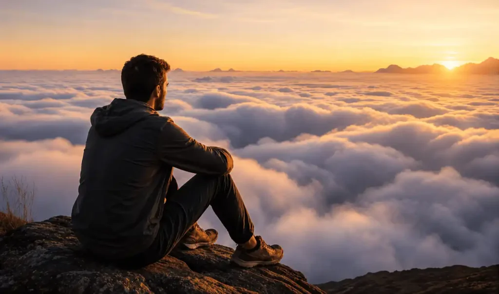 Uomo seduto su una montagna davanti a un mare di nuvole al tramonto