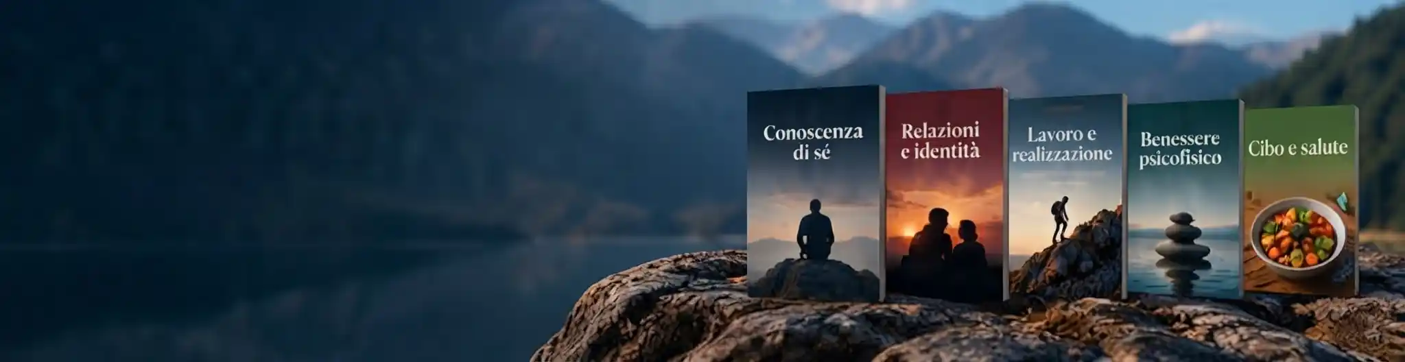 Cinque e-book delle aree tematiche della Biblioteca del Metodo V.I.T.A. su una roccia davanti alle montagne