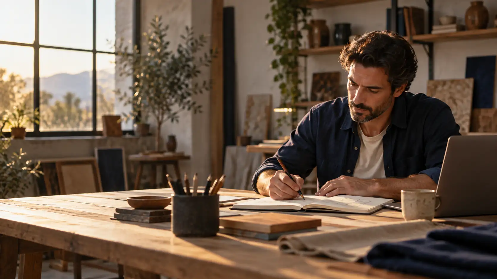 Uomo concentrato mentre disegna su un taccuino nel suo studio luminoso, immagine di copertina per film su lavoro e realizzazione personale.